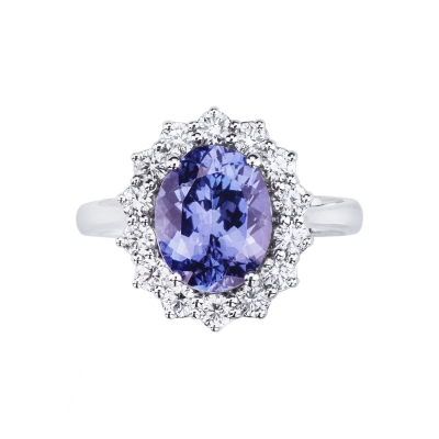 Bague halo en or blanc 18k avec tanzanite et diamants