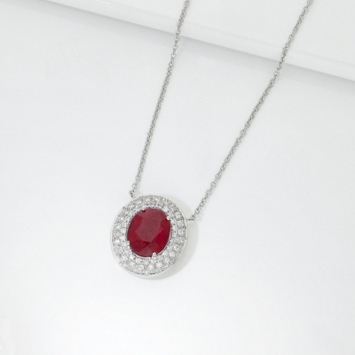 Collier halo or blanc 18k avec rubis et diamants