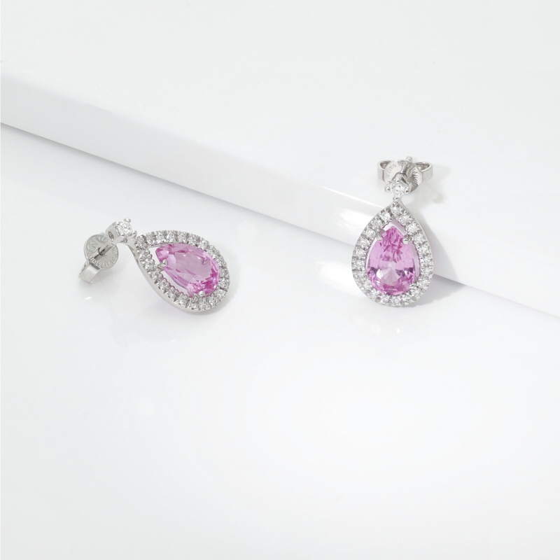 Boucles pendantes or blanc 18k avec saphir rose et diamants