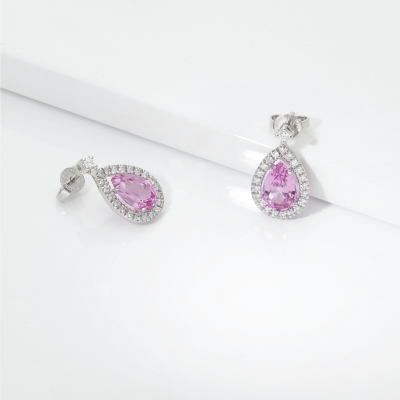 Boucles pendantes or blanc 18k avec saphir rose et diamants