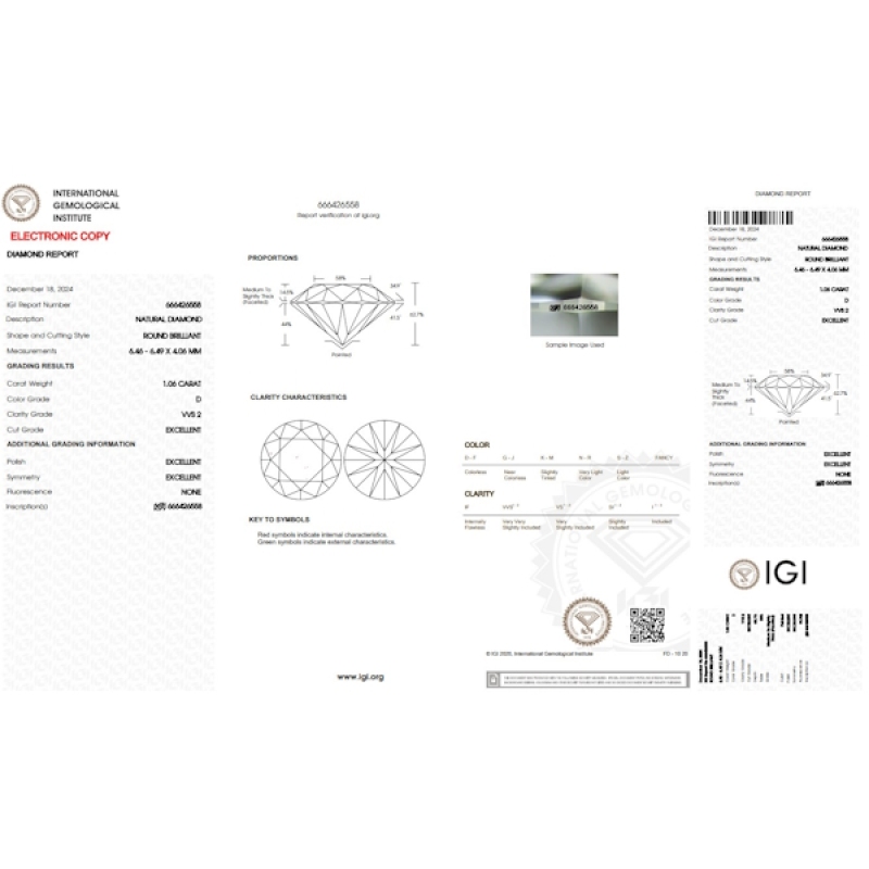 Diamant Certifié IGI  CT 1.06 D VVS2