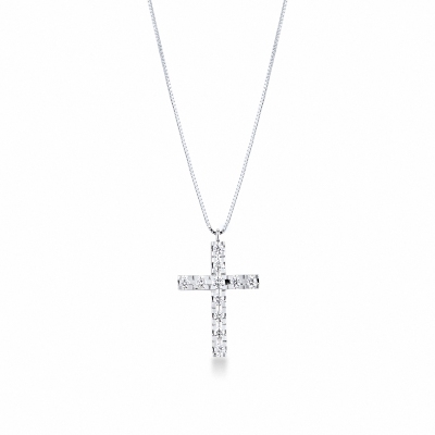 Collier en or blanc 18k avec pendentif croix et diamants