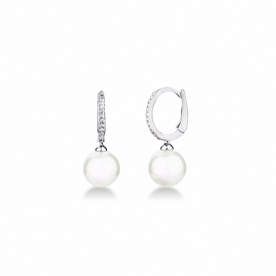 Boucles d’oreilles pendantes en or blanc 18 carats avec perles de culture et diamants