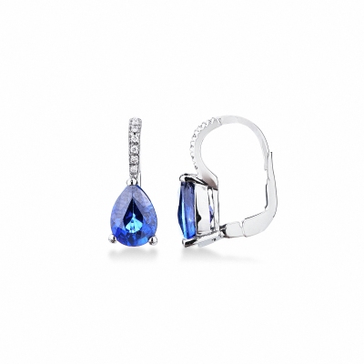 Boucles d’oreilles en or blanc 750 avec saphir bleu poire et diamants