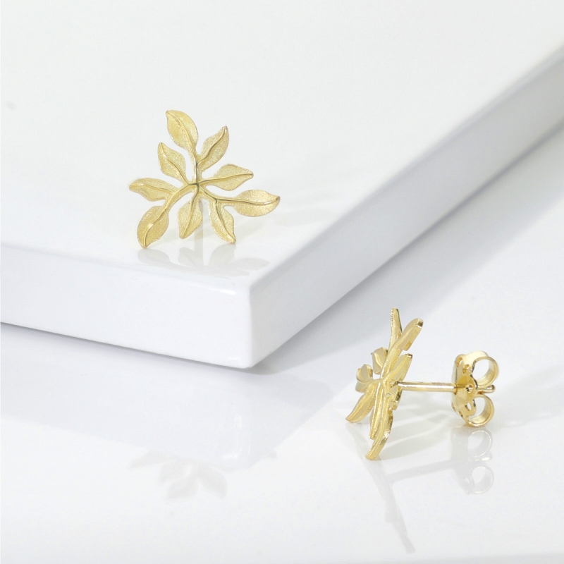 Boucles d’oreilles feuille satinée et brillante en or jaune 750