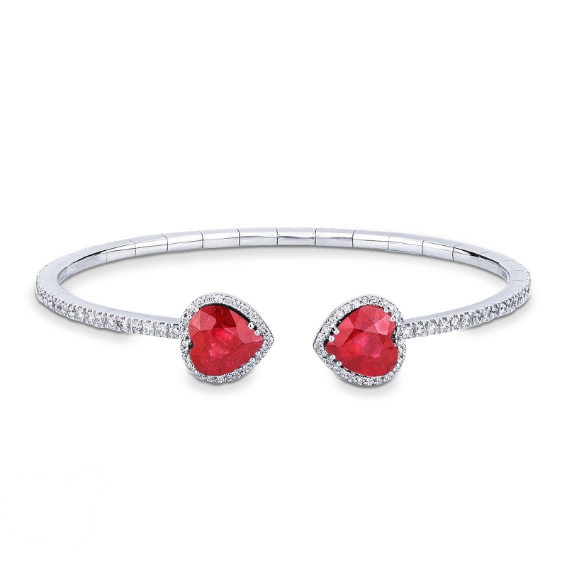 Bracelet en or blanc 18k avec diamants et rubis en forme de cœur