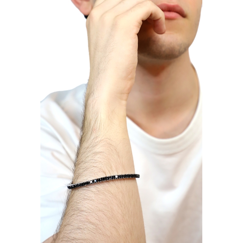 Bracelet tennis élastique en or blanc 18k avec diamants noirs