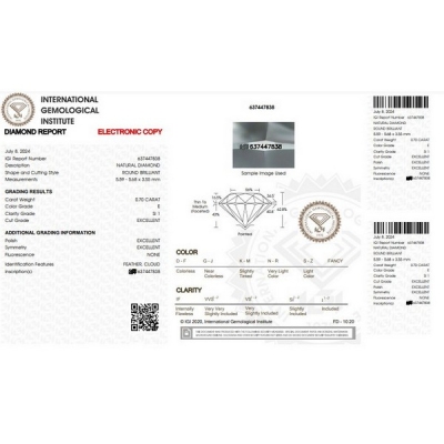 Diamant Certifié IGI  0.70 CT  E SI1 
