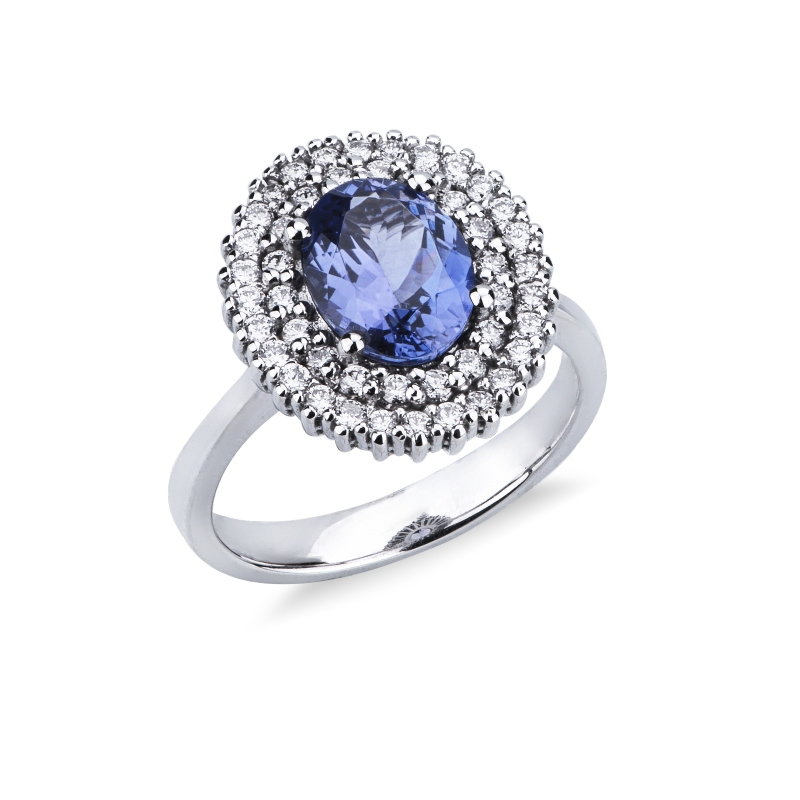 Bague halo double en or blanc 18 carats avec tanzanite ovale et diamants