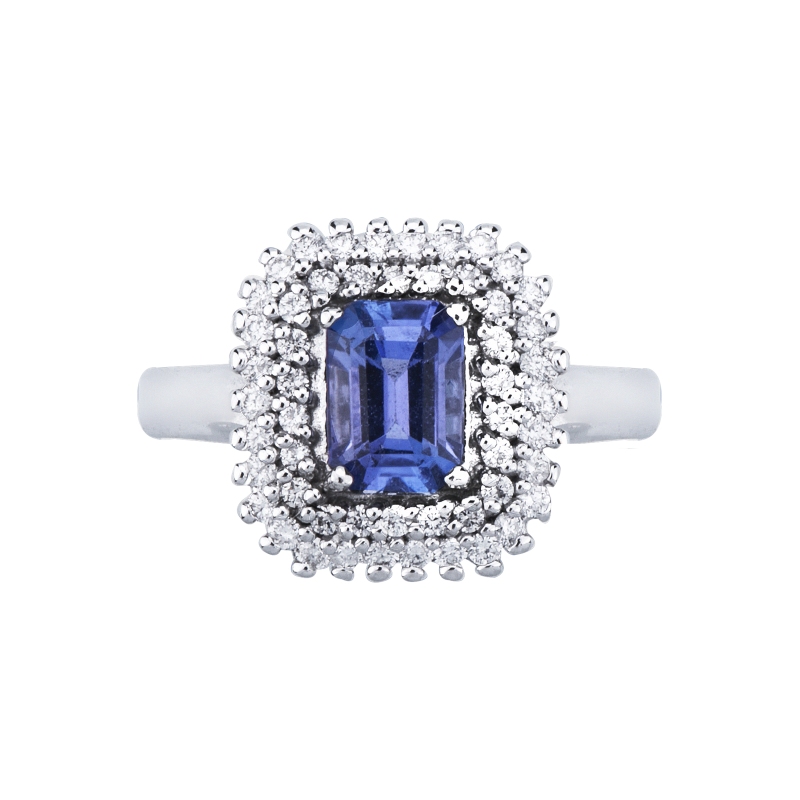 Bague halo double en or blanc 18 carats avec tanzanite rectangulaire et diamants