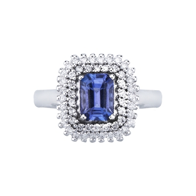 Bague halo double en or blanc 18 carats avec tanzanite rectangulaire et diamants