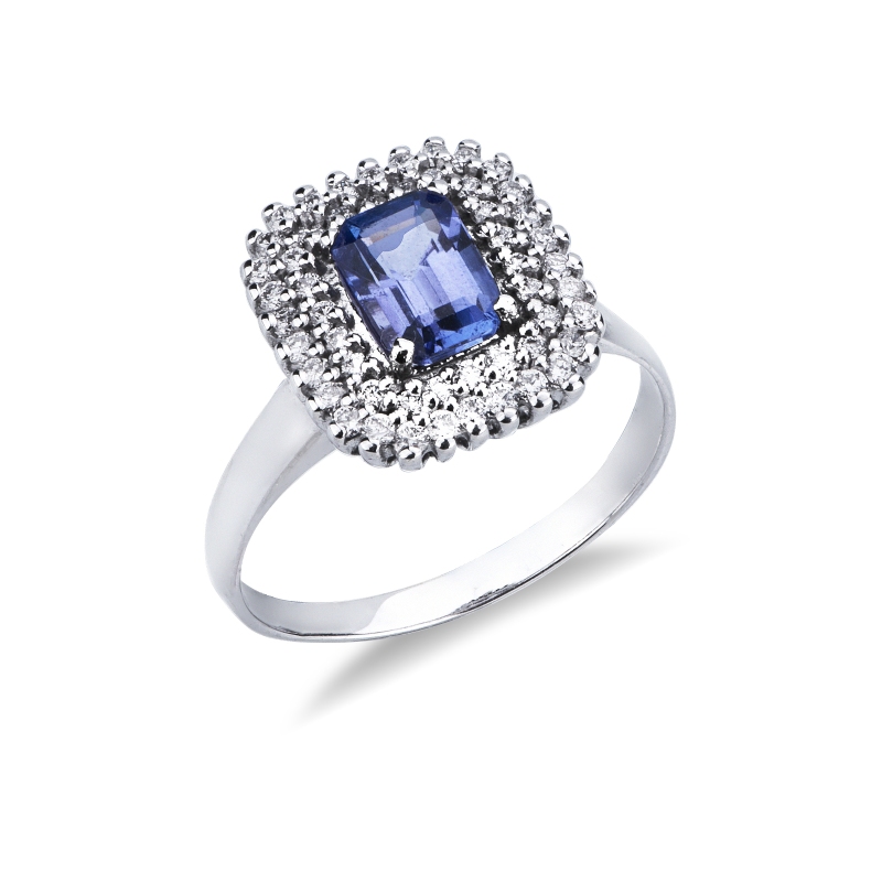Bague halo double en or blanc 18 carats avec tanzanite rectangulaire et diamants
