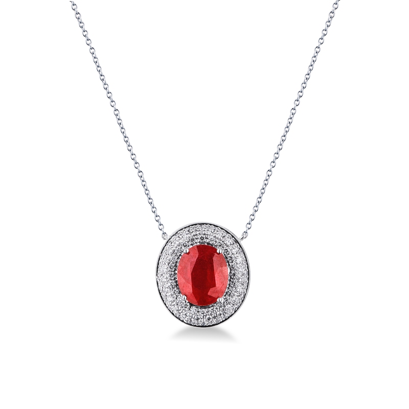 Collier halo or blanc 18k avec rubis et diamants
