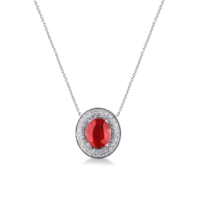 Collier halo or blanc 18k avec rubis et diamants