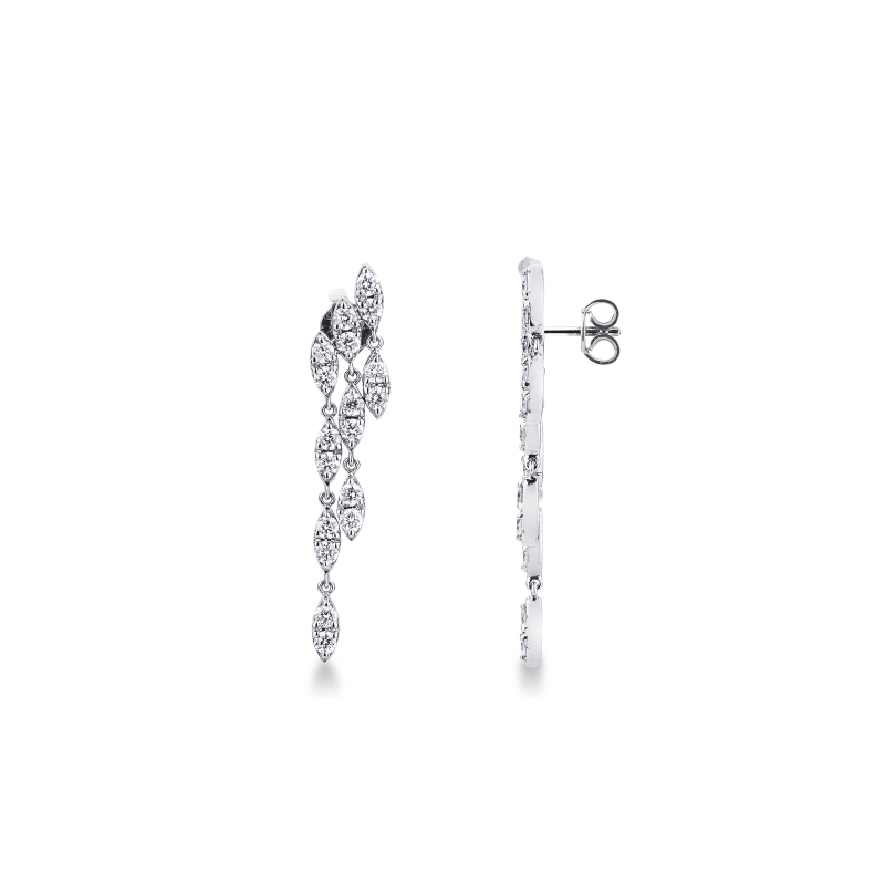 Boucles pendantes trois rangs or blanc 18k avec diamants