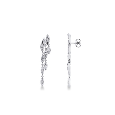 Boucles pendantes trois rangs or blanc 18k avec diamants