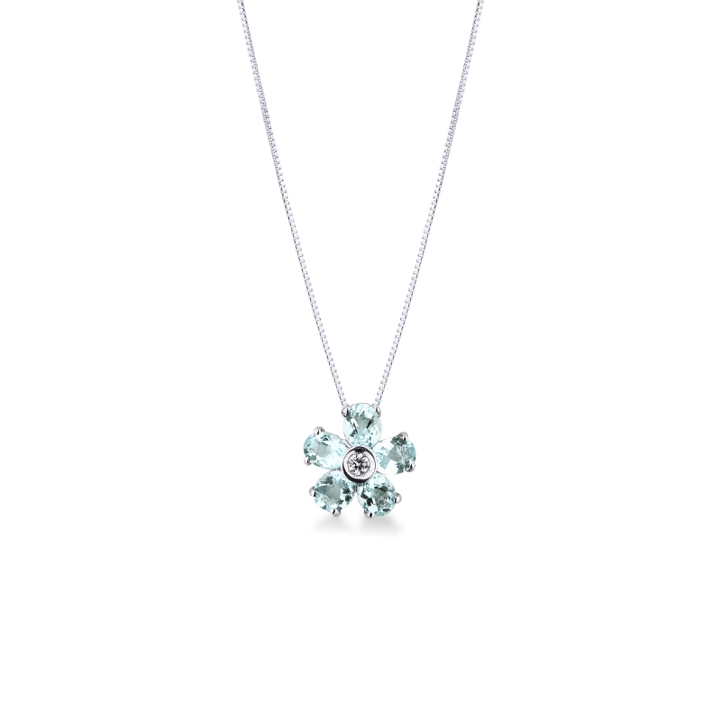 Collier fleur avec aigue-marine et diamant central en or blanc 18k