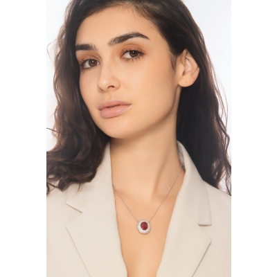 Collier halo or blanc 18k avec rubis et diamants