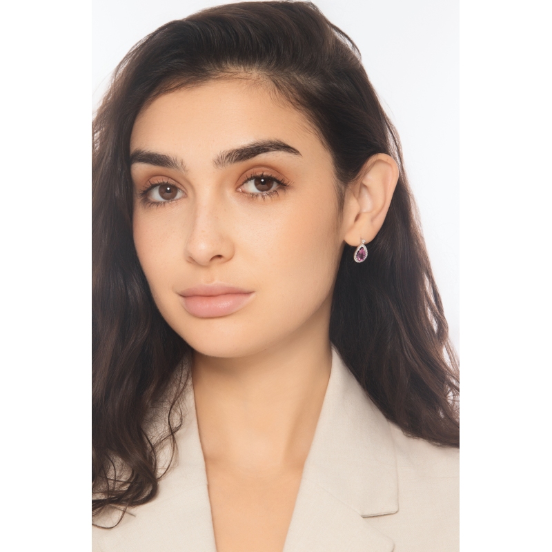 Boucles pendantes or blanc 18k avec saphir rose et diamants