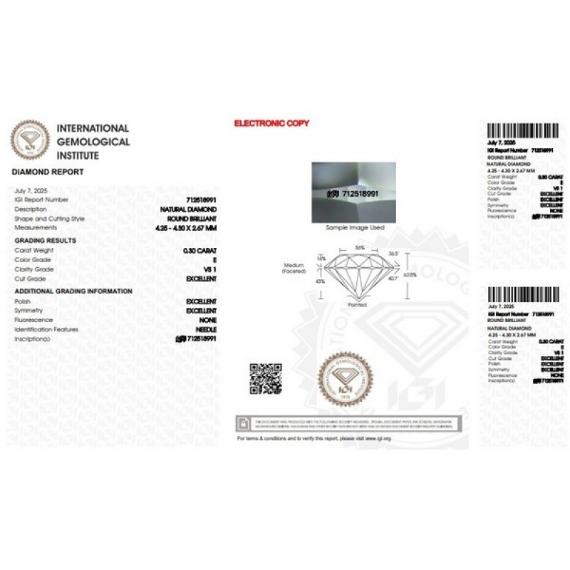 Diamant Certifié IGI 0.30 CT E VS1 