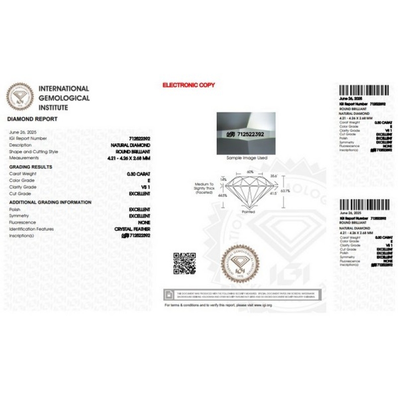 Diamant Certifié IGI   0.30 CT E VS1