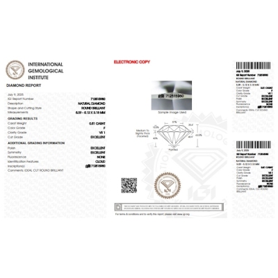 Diamant Certifié IGI  0.51 CT F VS1 