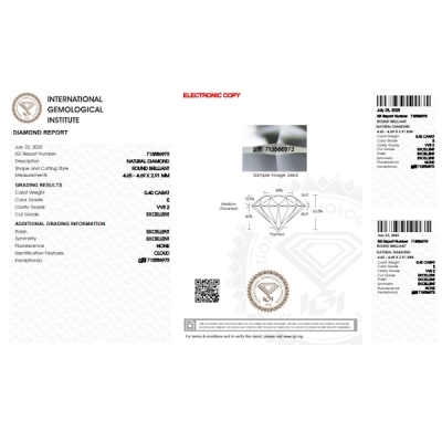 Diamant Certifié IGI  0.40 CT E VVS2