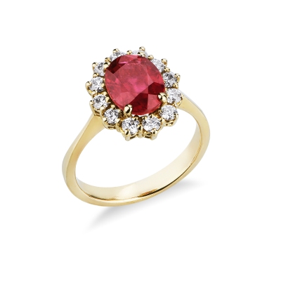 Bague halo femme en or jaune 18 carats avec rubis ovale et diamants