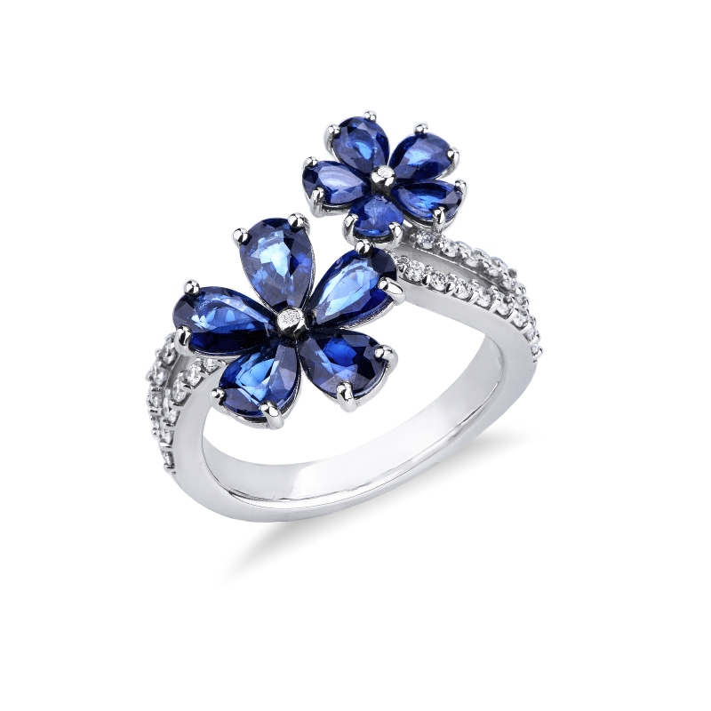 Bague ouverte en or blanc avec double fleur, saphirs et diamants