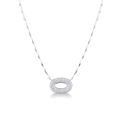 Collier avec pendentif ovale pavé en or blanc et diamants