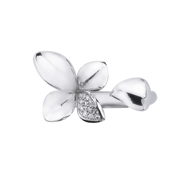 Bague ouverte fleur en or blanc et diamants