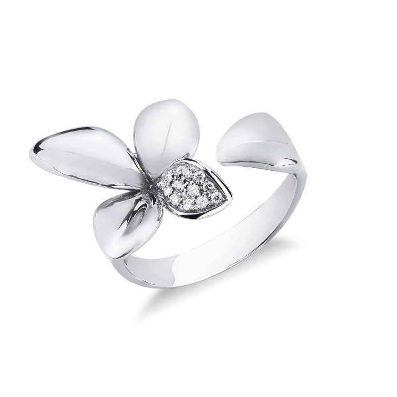 Bague ouverte fleur en or blanc et diamants