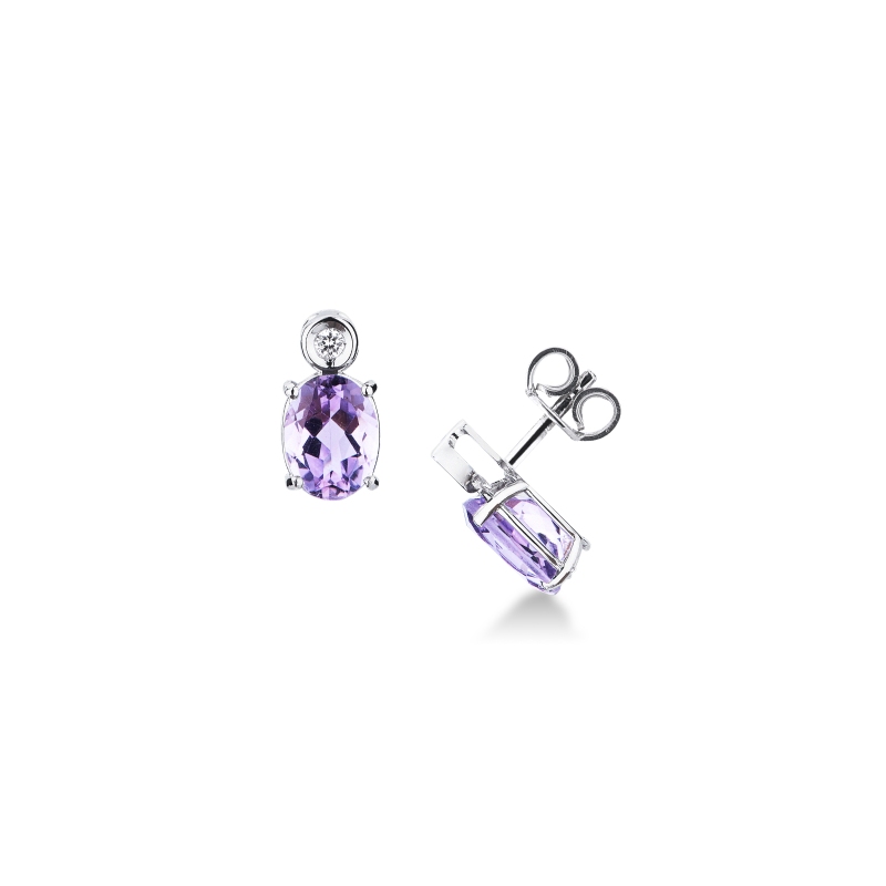 Boucles d’oreilles en or blanc avec améthyste ovale et diamant