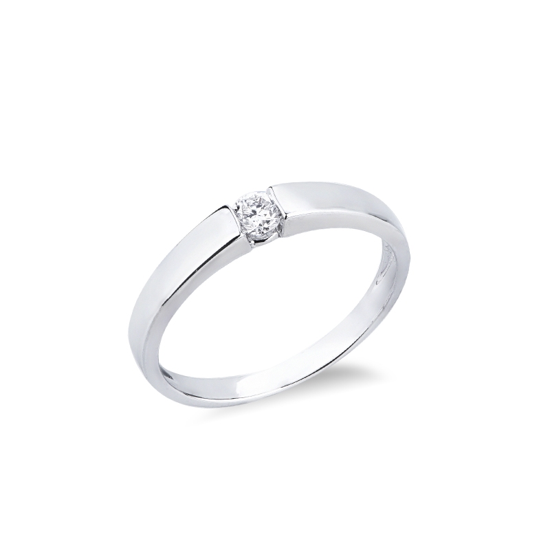 Bague solitaire moderne en or blanc 18k avec diamant serti clos
