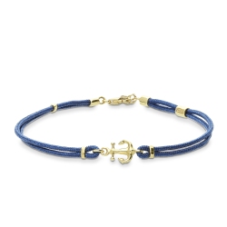Bracelet en corde bleu avec ancre en or jaune 18k