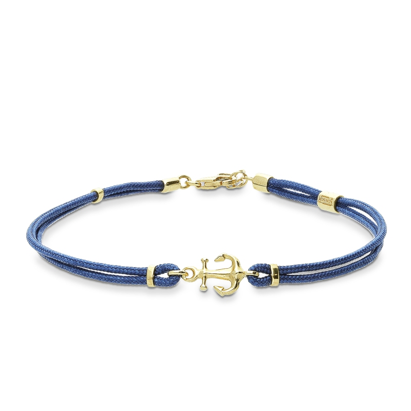 Bracelet en corde bleu avec ancre en or jaune 18k