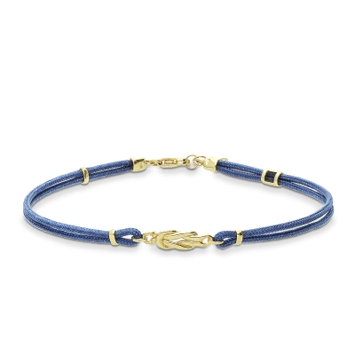 Bracelet en tissu bleu avec nœud en or jaune 18k