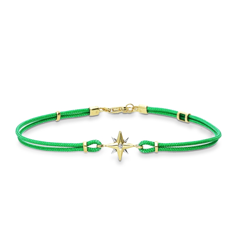Bracelet en tissu vert et étoile en or jaune et blanc 18k