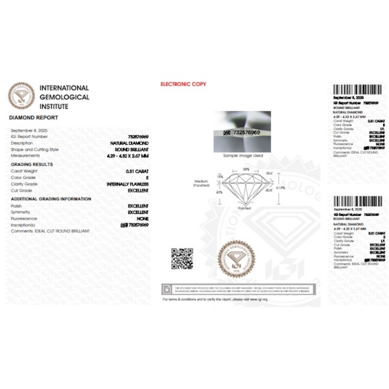 Diamant Certifié IGI  0.31 CT E IF