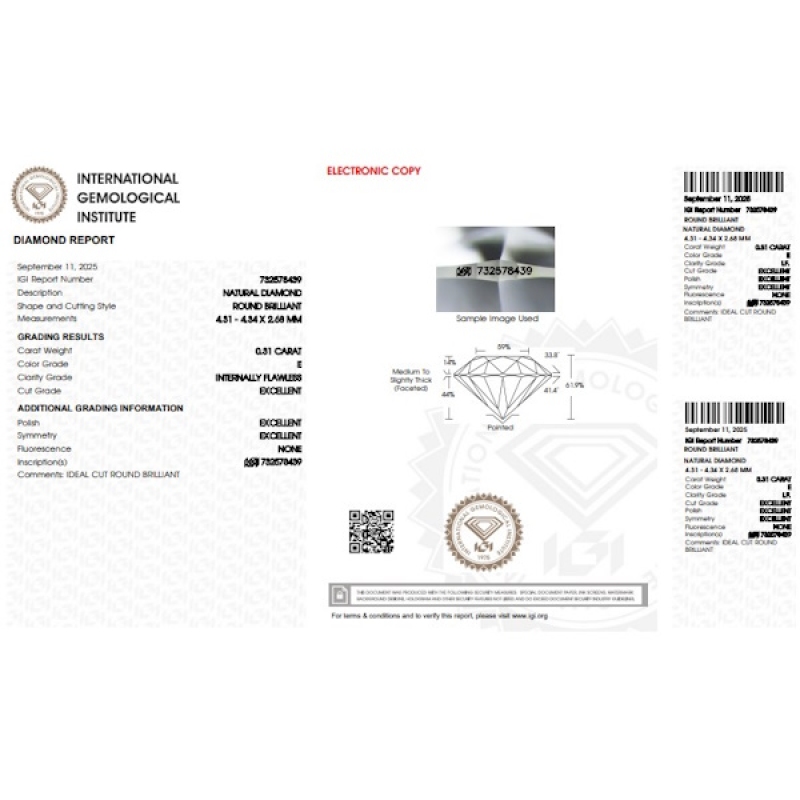 Diamant Certifié IGI  0.31 CT E IF
