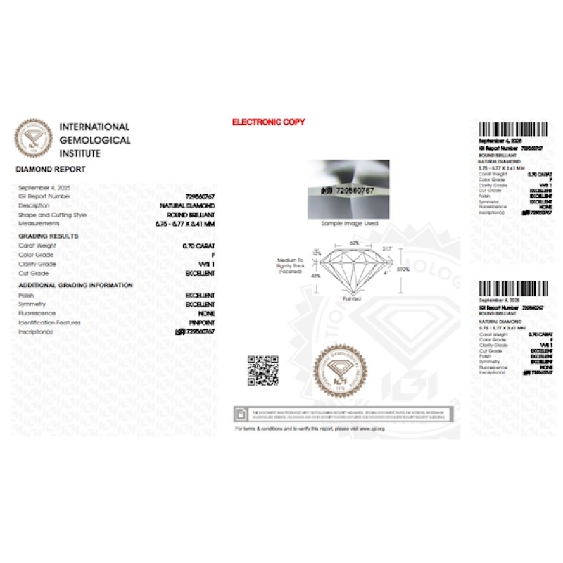Diamant Certifié IGI 0.70 CT F VVS1