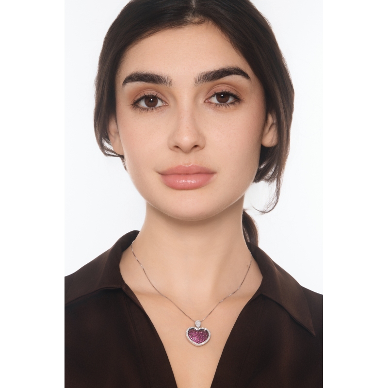 Collier Pendentif Cœur Rubis & Diamants Or Blanc 18k