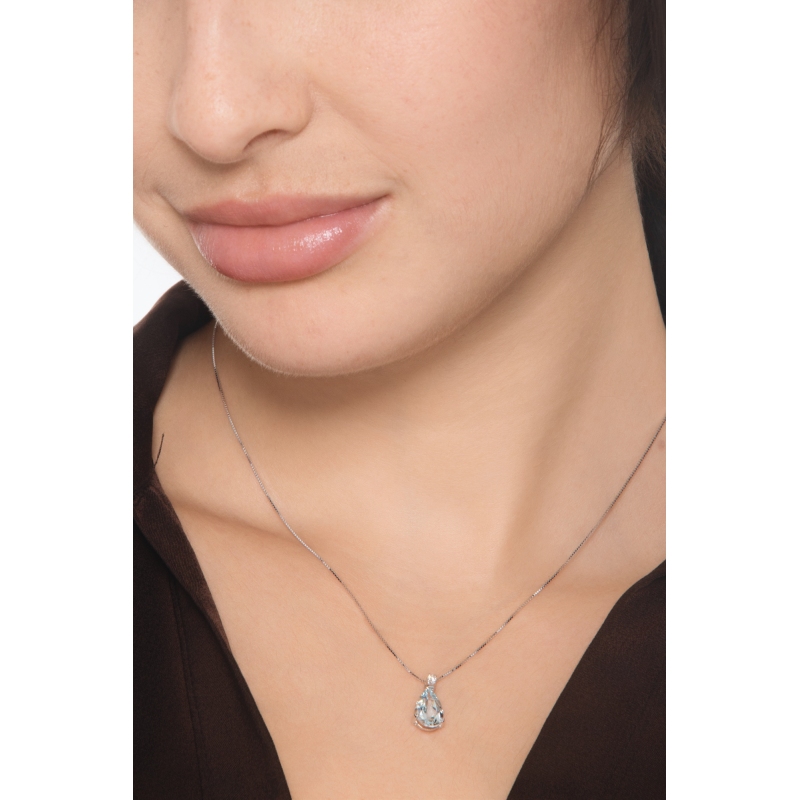 Collier goutte en or blanc 18k avec diamant et aiguemarine