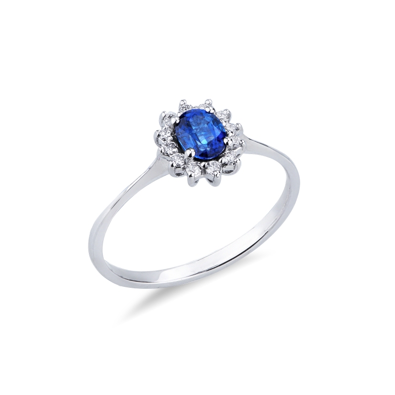 Bague en or blanc 18k avec saphir blue et diamants