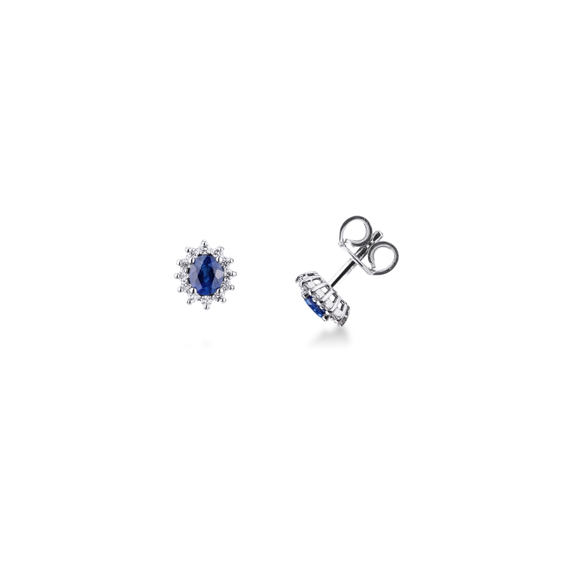 Boucles d’oreilles contournées en or blanc 18k avec saphir bleu et diamants