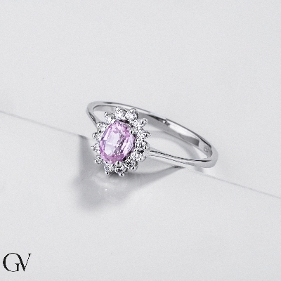 Bague halo classique en diamants or blanc 18k avec saphir rose