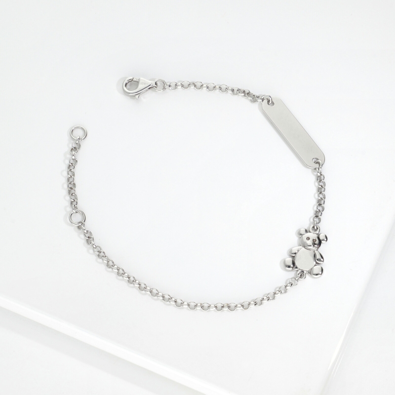 Bracelet en or blanc 18k avec plaquette personnalisable et ourson