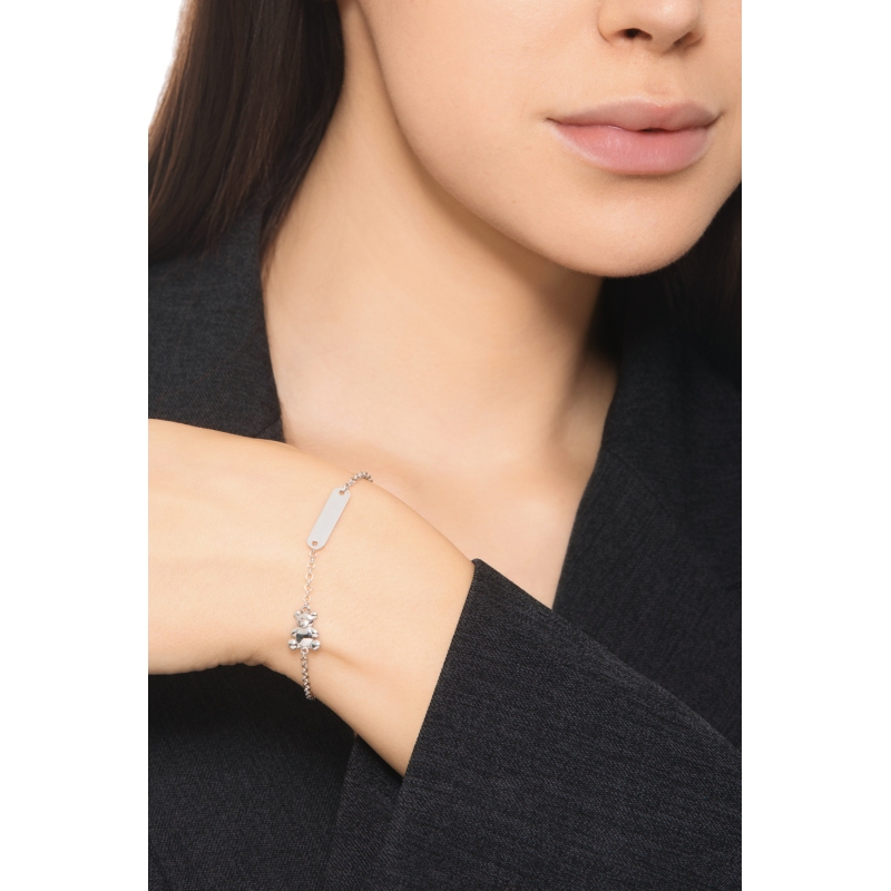 Bracelet en or blanc 18k avec plaquette personnalisable et ourson