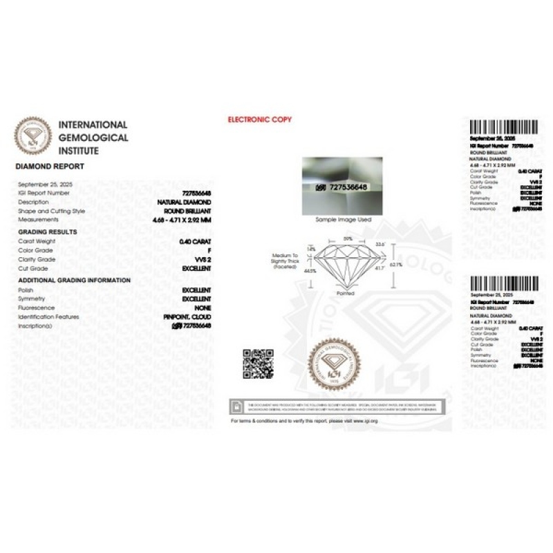Diamant Certifié IGI 0.40 CT F VVS2