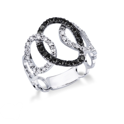 Bague gourmette en or blanc 18k avec diamants noirs et blancs